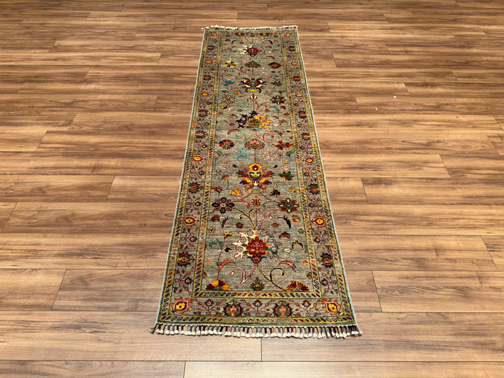 Sultani Çiçekli Yolluk Orjinal El Dokuması Gri Kök Boya Yün Halı 0.80x258 2.06 Metrekare - 3x8 ft