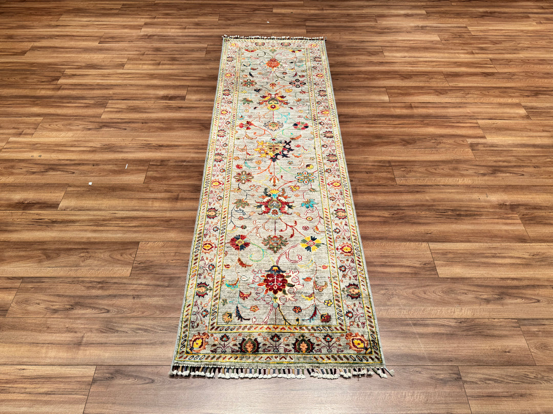 سجادة صوفية أصلية منسوجة يدويًا بصبغة جذور رمادية من مجموعة Sultani Floral Runner مقاس 0.80 × 258 سم 2.06 متر مربع - 3 × 8 قدم 