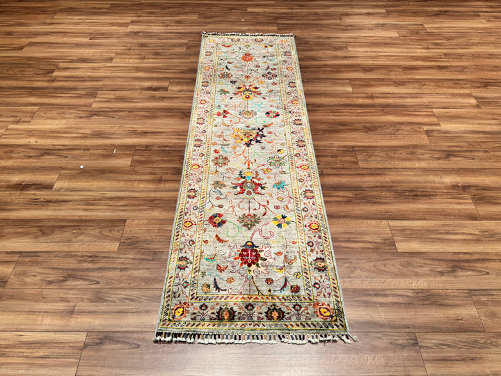 Sultani Floral Runner Original Hand Woven Gray Vegetable Dyed Wool Carpet 0.80x258 2.06 Square Meters - 3x8 ft