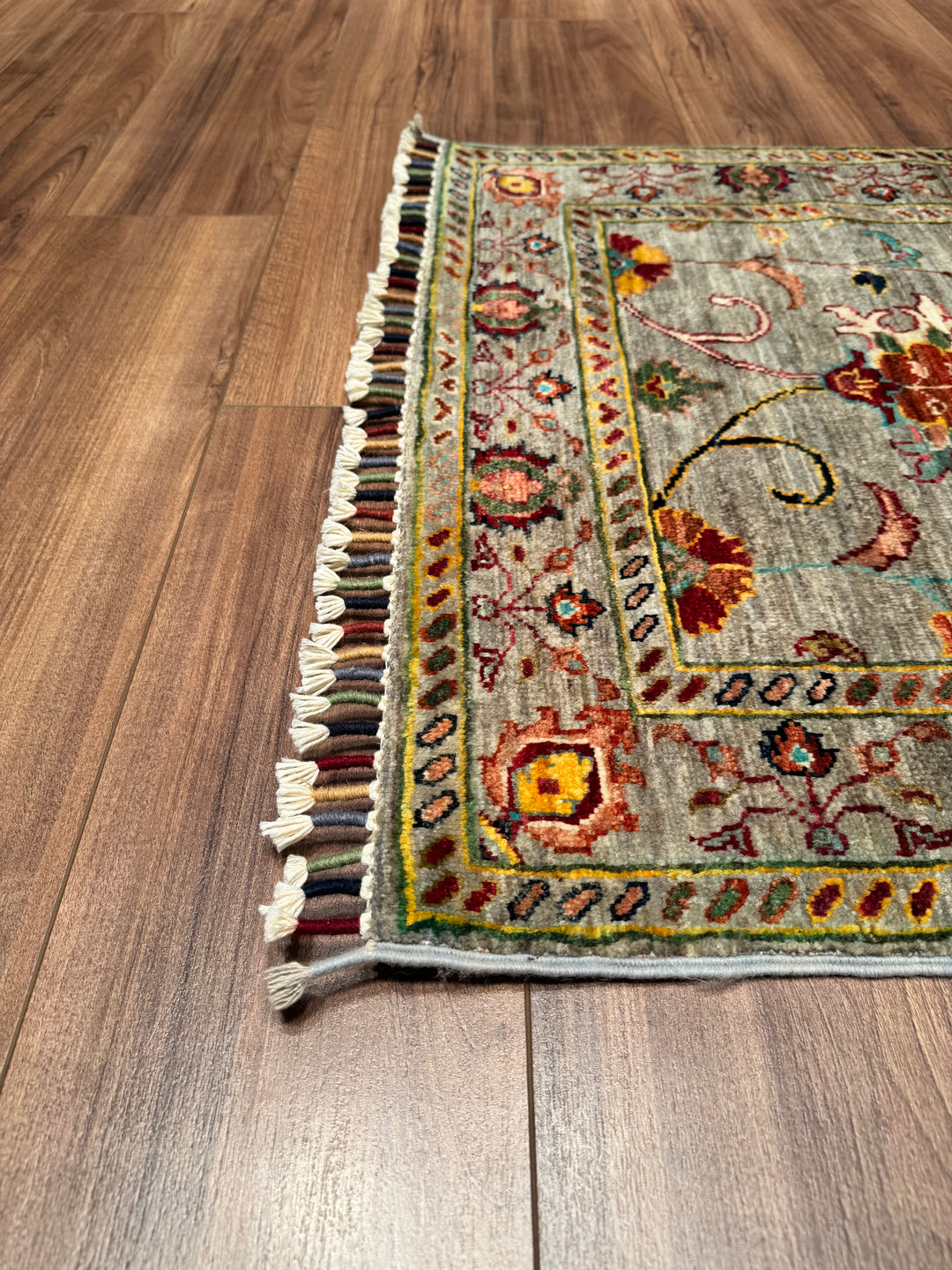 Sultani Floral Runner Original Hand Woven Gray Vegetable Dyed Wool Carpet 0.80x258 2.06 Square Meters - 3x8 ft