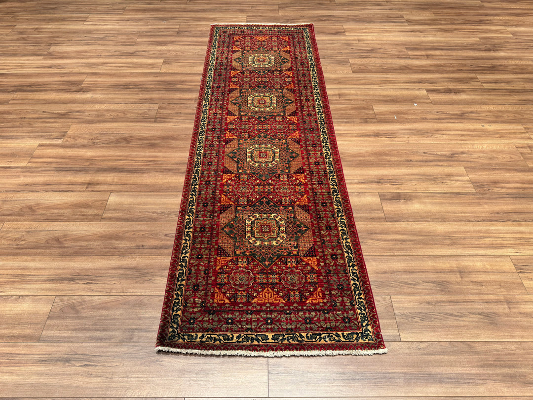 Mamluk Original Hand Woven Runner Red Vegetable Dyed Wool Carpet 0.85x271 2.30 Square Meters - 3x9 ft