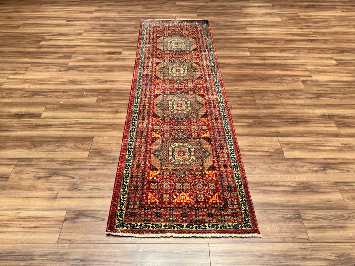 Mamluk Original Hand Woven Runner Red Vegetable Dyed Wool Carpet 0.85x271 2.30 Square Meters - 3x9 ft