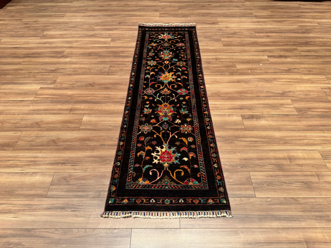 Sultani Binbirgece Runner Original Hand Woven Black Vegetable Dyed Wool Carpet 0.77x250 1.93 Square Meters - 2x8 ft