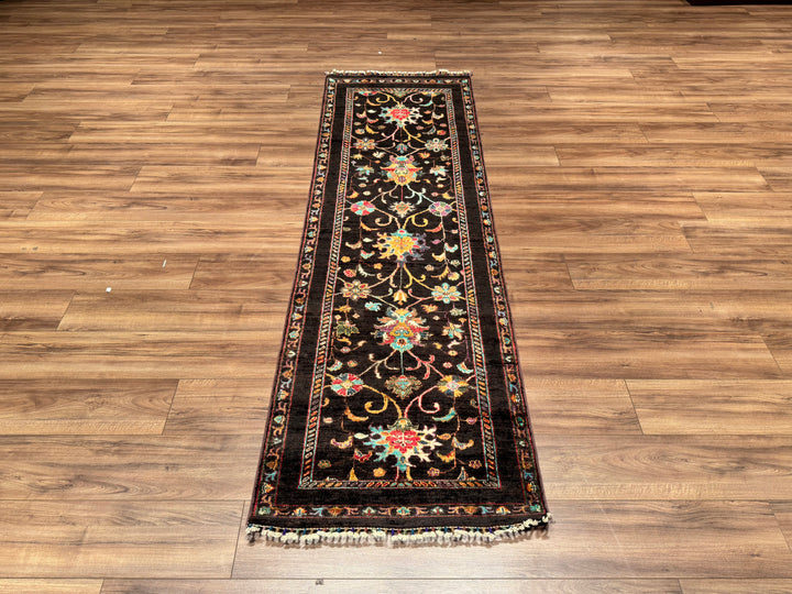 Sultani Binbirgece Runner Original Hand Woven Black Vegetable Dyed Wool Carpet 0.77x250 1.93 Square Meters - 2x8 ft