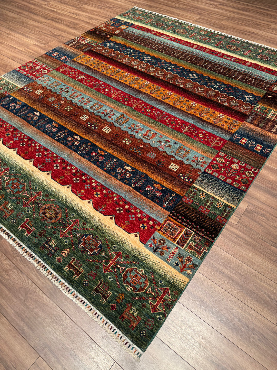 Khorjin Gabbe Desenli Orijinal El Dokuması Yeşil Kök Boya Yün Halı 248x305 7.56 Metrekare - 8x10 ft