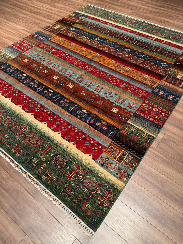 Khorjin Gabbe Desenli Orijinal El Dokuması Yeşil Kök Boya Yün Halı 248x305 7.56 Metrekare - 8x10 ft