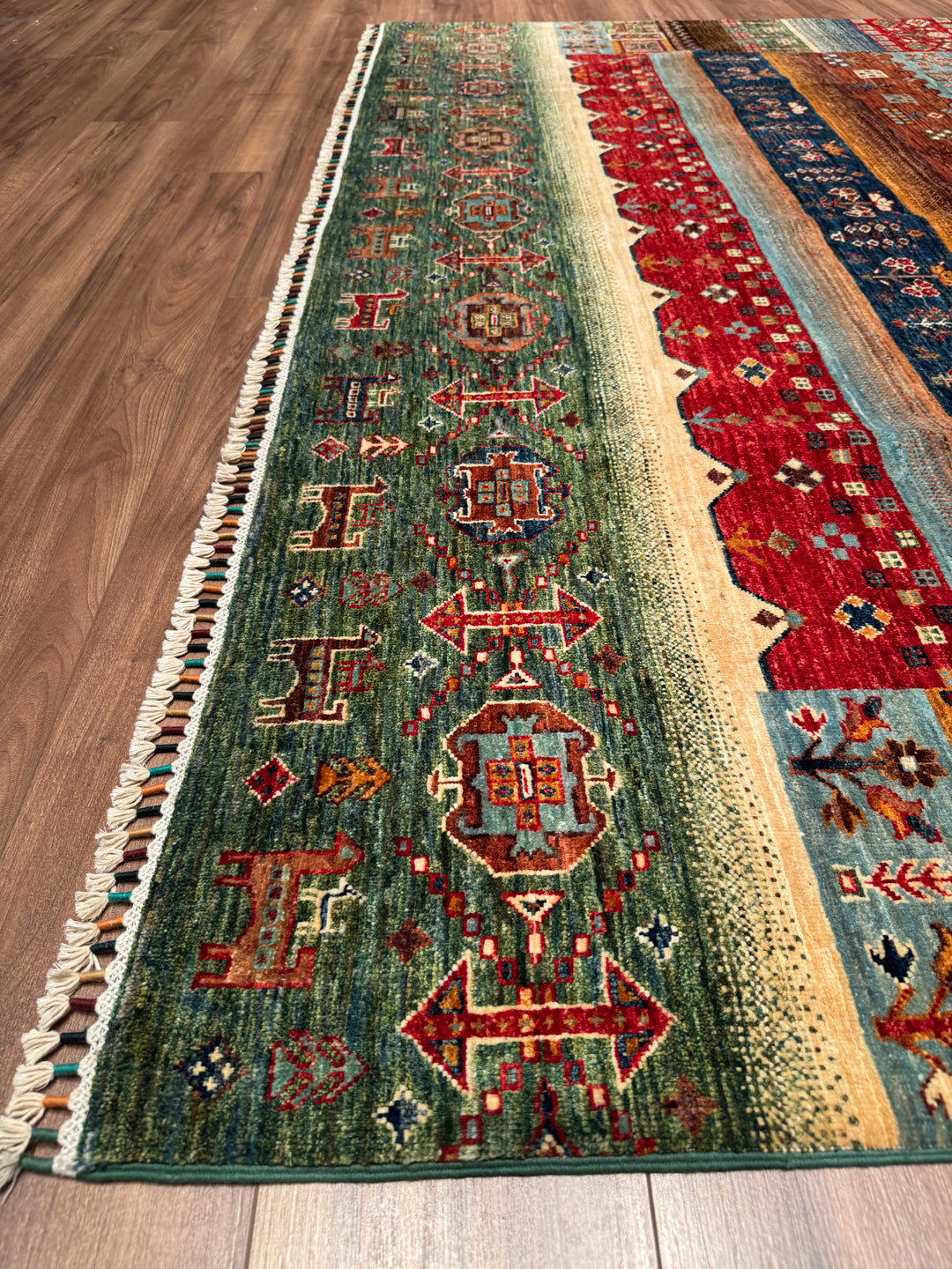 Khorjin Gabbe Desenli Orijinal El Dokuması Yeşil Kök Boya Yün Halı 248x305 7.56 Metrekare - 8x10 ft