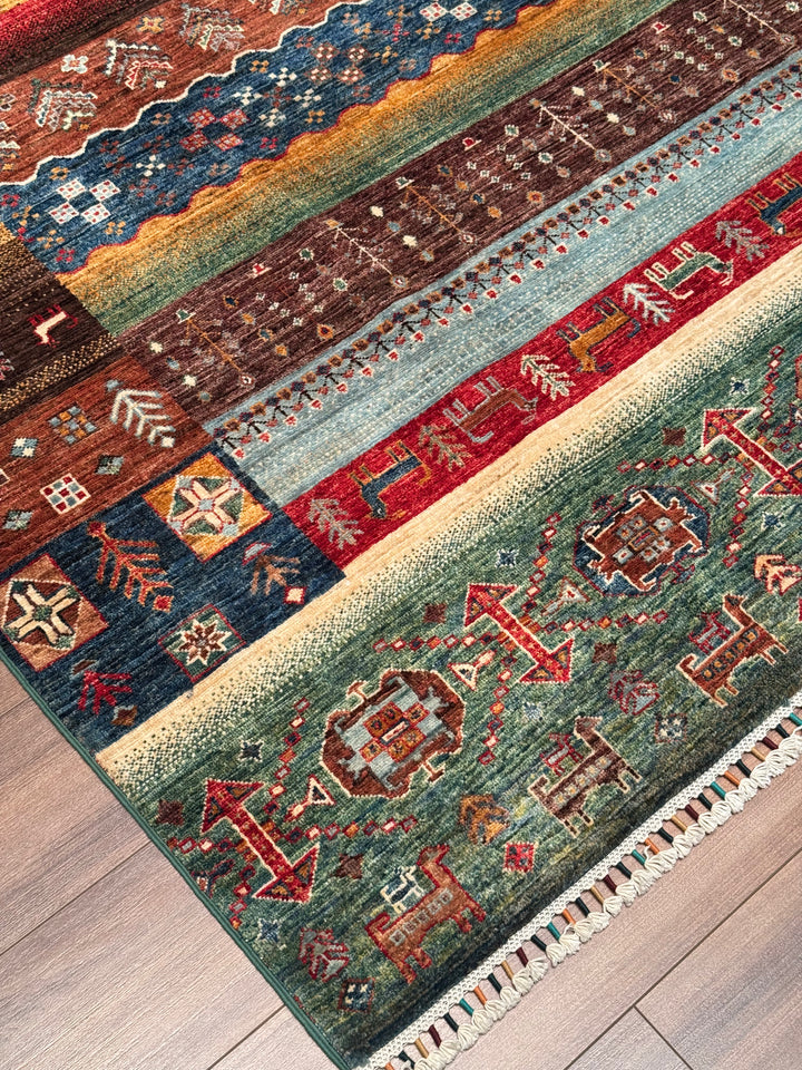 Khorjin Gabbe Desenli Orijinal El Dokuması Yeşil Kök Boya Yün Halı 248x305 7.56 Metrekare - 8x10 ft