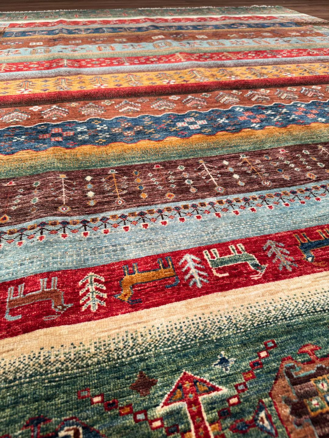 Khorjin Gabbe Desenli Orijinal El Dokuması Yeşil Kök Boya Yün Halı 248x305 7.56 Metrekare - 8x10 ft