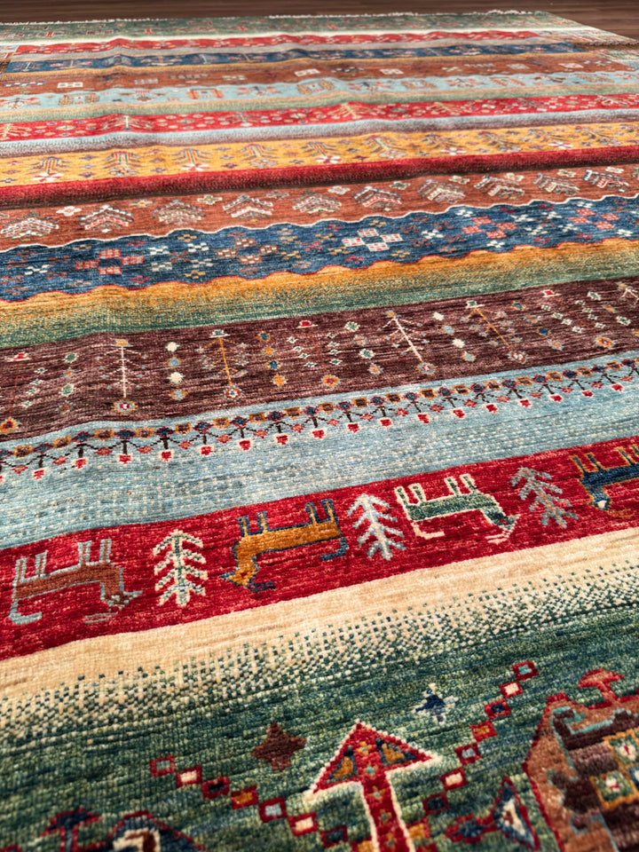 Khorjin Gabbe Desenli Orijinal El Dokuması Yeşil Kök Boya Yün Halı 248x305 7.56 Metrekare - 8x10 ft