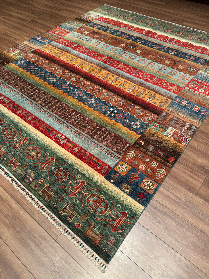 Khorjin Gabbe Desenli Orijinal El Dokuması Yeşil Kök Boya Yün Halı 248x305 7.56 Metrekare - 8x10 ft