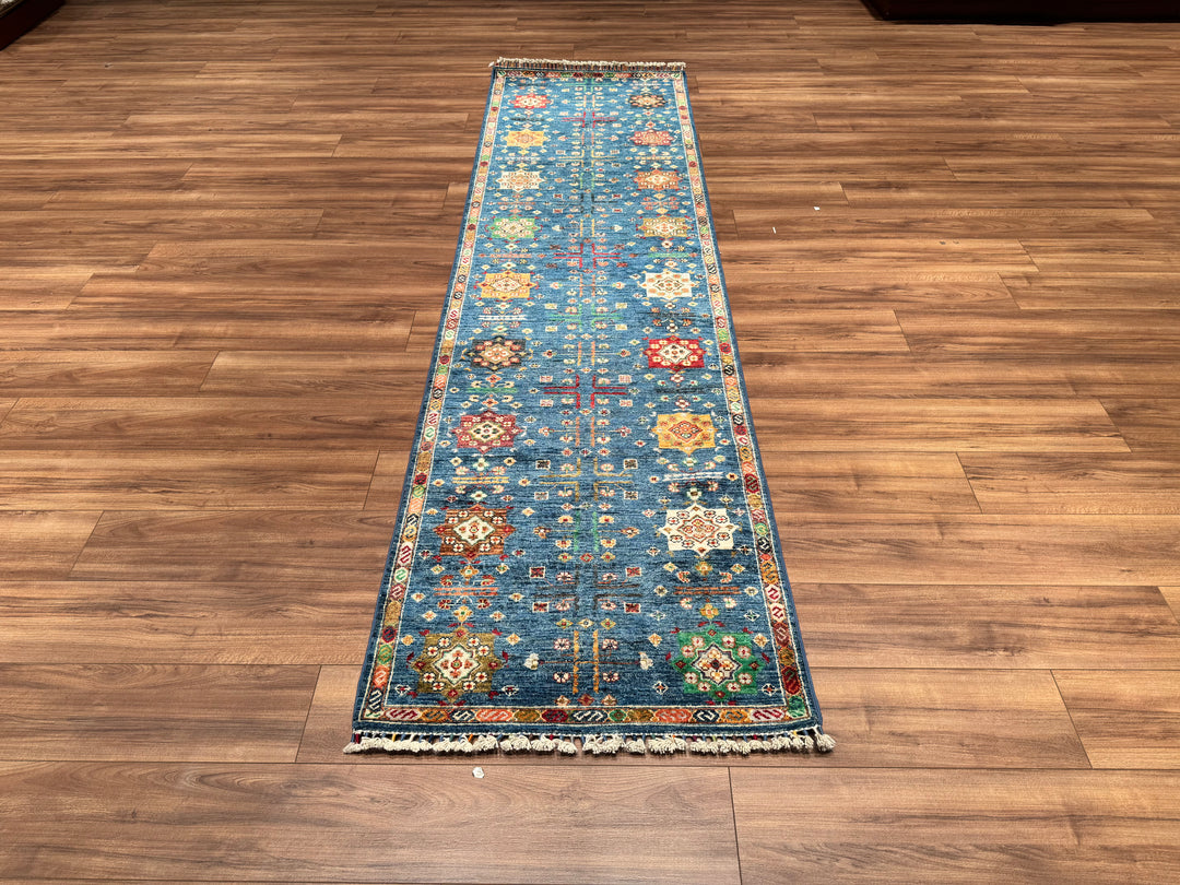 Veziri Bilcik Original Hand Woven Runner Blue Vegetable Dyed Wool Carpet 0.83x305 2.53 Square Meters - 3x10 ft