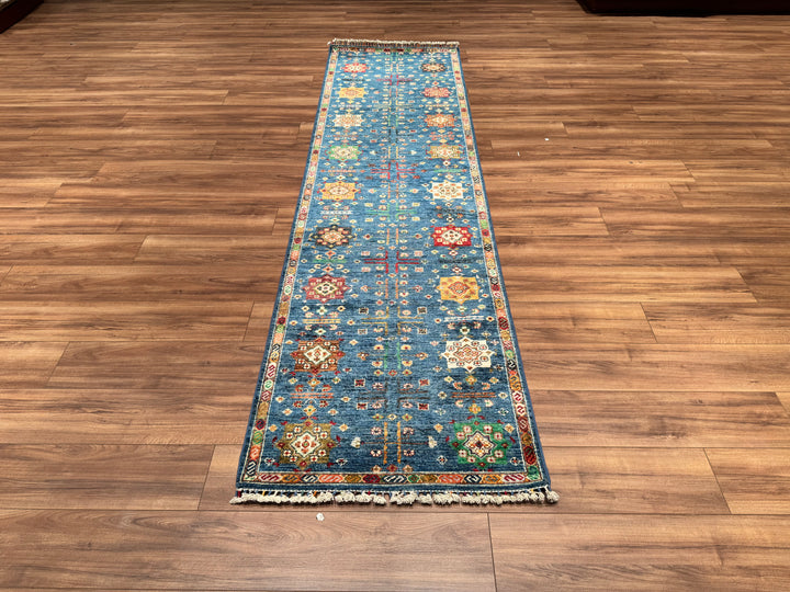 Veziri Bilcik Original Hand Woven Runner Blue Vegetable Dyed Wool Carpet 0.83x305 2.53 Square Meters - 3x10 ft