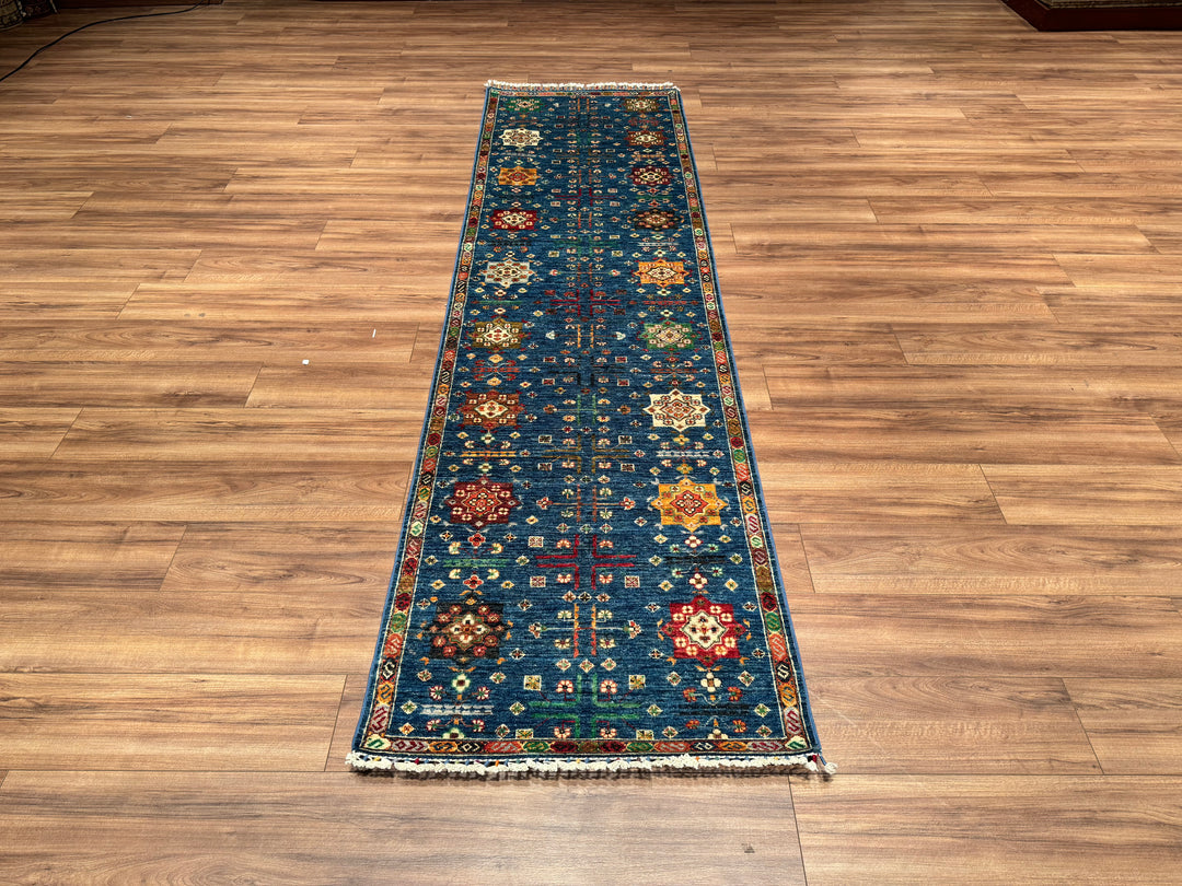 Veziri Bilcik Original Hand Woven Runner Blue Vegetable Dyed Wool Carpet 0.83x305 2.53 Square Meters - 3x10 ft