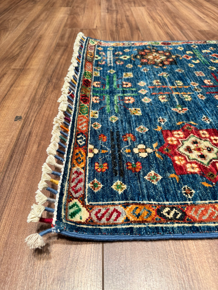 Veziri Bilcik Original Hand Woven Runner Blue Vegetable Dyed Wool Carpet 0.83x305 2.53 Square Meters - 3x10 ft