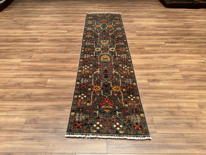 Sultani Binbirgece Runner Original Hand Woven Anthracite Vegetable Dyed Wool Carpet 0.84x295 2.48 Square Meters - 3x9 ft