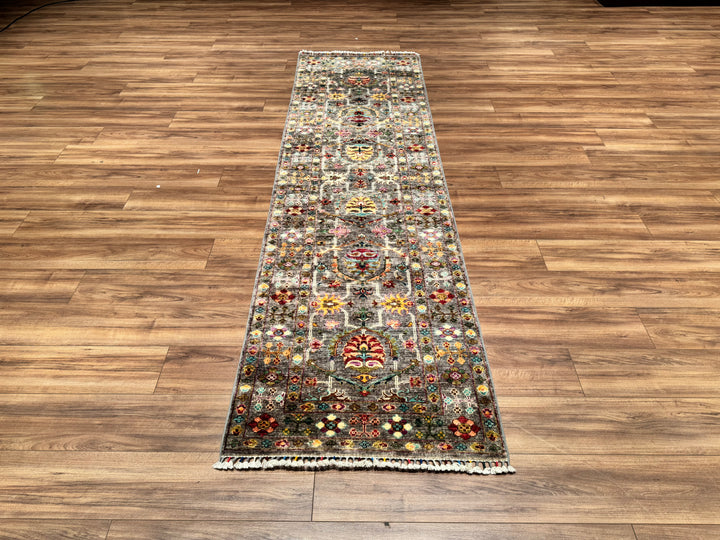 Sultani Binbirgece Runner Original Hand Woven Anthracite Vegetable Dyed Wool Carpet 0.84x295 2.48 Square Meters - 3x9 ft