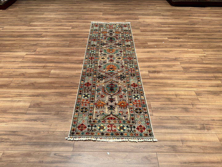 Sultani Binbirgece Runner Original Hand Woven Gray Vegetable Dyed Wool Carpet 0.82x253 2.07 Square Meters - 3x9 ft