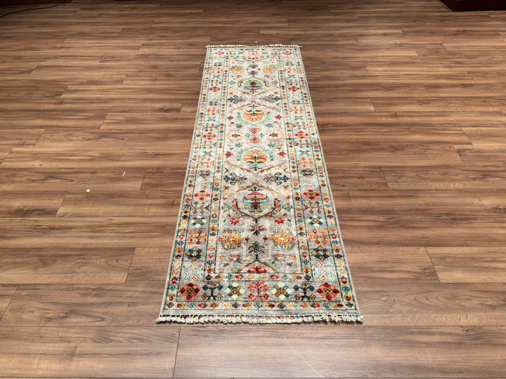 Sultani Binbirgece Runner Original Hand Woven Gray Vegetable Dyed Wool Carpet 0.82x253 2.07 Square Meters - 3x9 ft