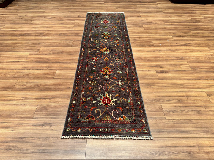 Sultani Binbirgece Runner Original Hand Woven Anthracite Vegetable Dyed Wool Carpet 0.84x288 2.42 Square Meters - 2x9 ft