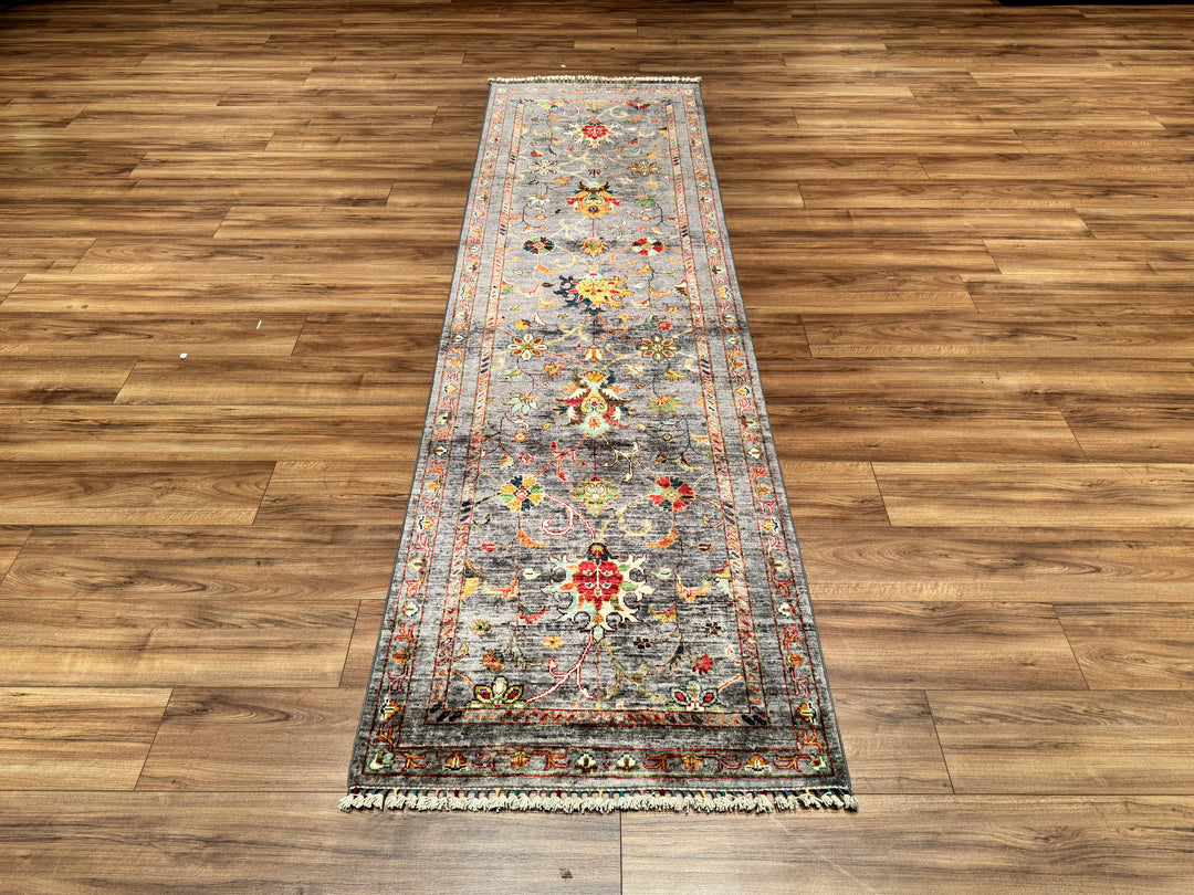 Sultani Binbirgece Runner Original Hand Woven Anthracite Vegetable Dyed Wool Carpet 0.84x288 2.42 Square Meters - 2x9 ft