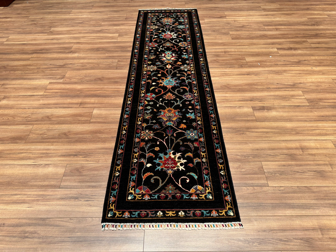 Sultani Binbirgece Long Runner Original Hand Woven Black Vegetable Dyed Wool Carpet 0.83x304 2.52 Square Meters - 2x10 ft