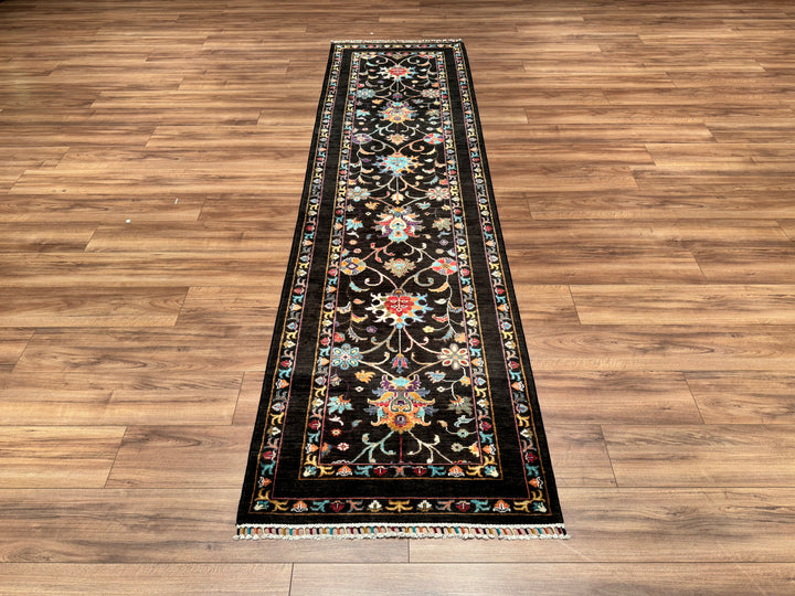 Sultani Binbirgece Long Runner Original Hand Woven Black Vegetable Dyed Wool Carpet 0.83x304 2.52 Square Meters - 2x10 ft