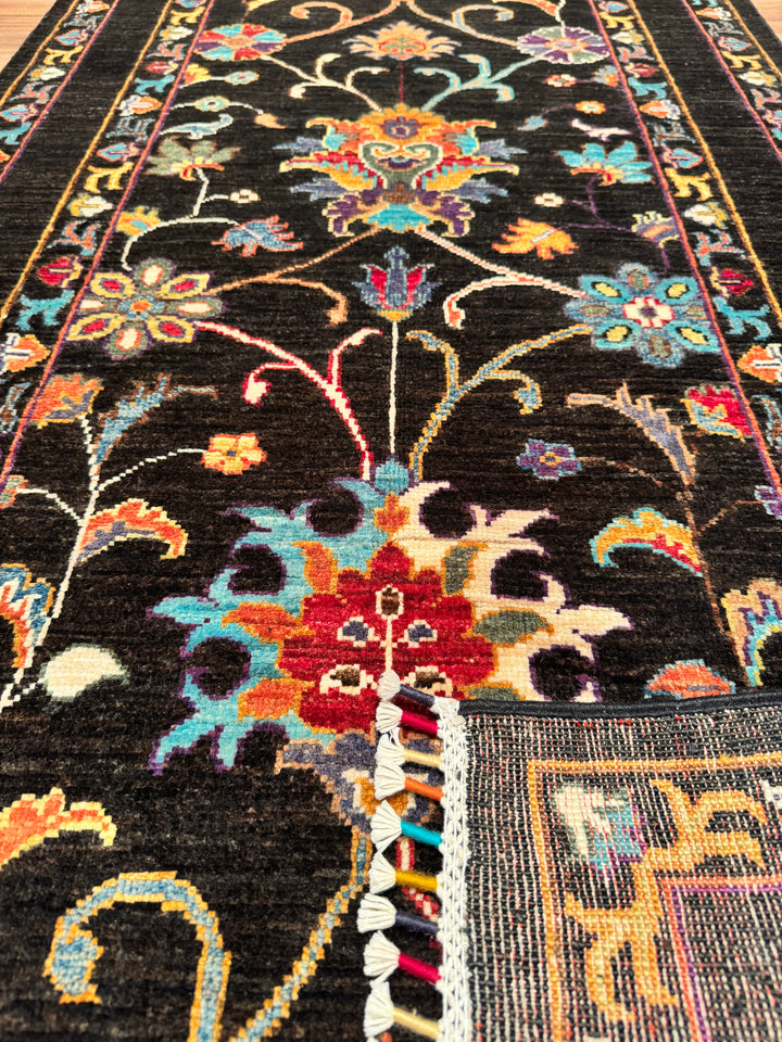 Sultani Binbirgece Long Runner Original Hand Woven Black Vegetable Dyed Wool Carpet 0.83x304 2.52 Square Meters - 2x10 ft