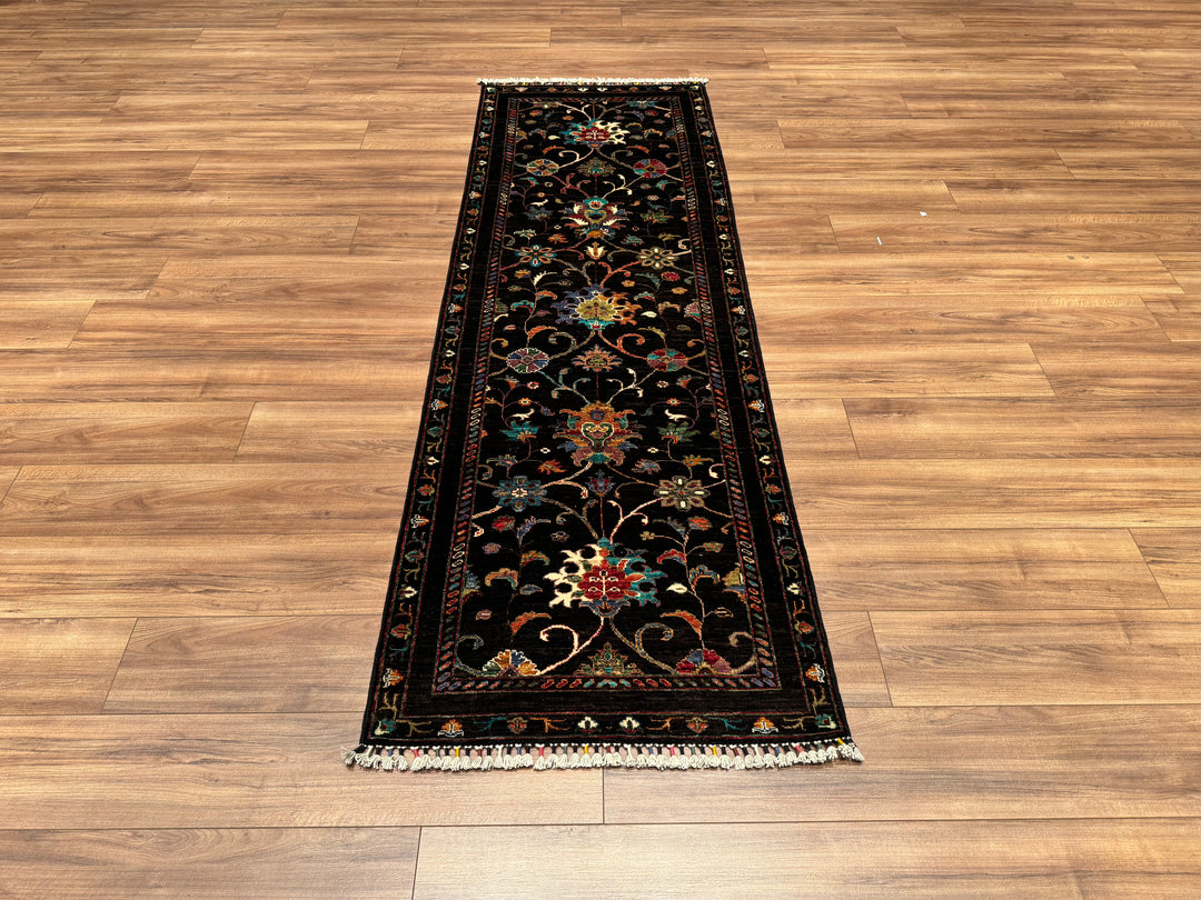 Sultani Binbirgece Runner Original Hand Woven Black Vegetable Dyed Wool Carpet 0.81x244 1.98 Square Meters - 2x8 ft