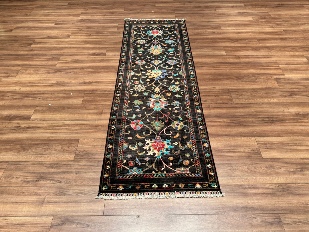 Sultani Binbirgece Yolluk Orjinal El Dokuması Siyah Kök Boya Yün Halı 0.81x244 1.98 Metrekare - 2x8 ft