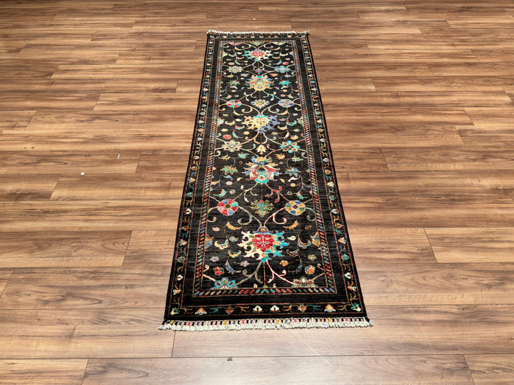 Sultani Binbirgece Runner Original Hand Woven Black Vegetable Dyed Wool Carpet 0.81x244 1.98 Square Meters - 2x8 ft