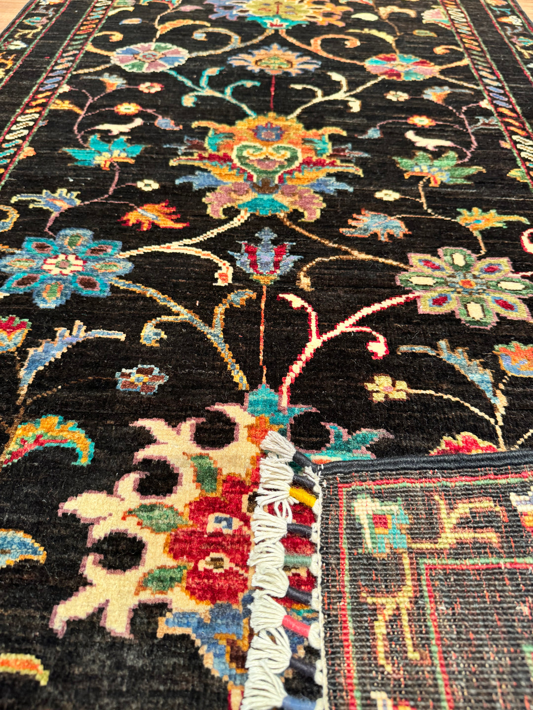 Sultani Binbirgece Runner Original Hand Woven Black Vegetable Dyed Wool Carpet 0.81x244 1.98 Square Meters - 2x8 ft