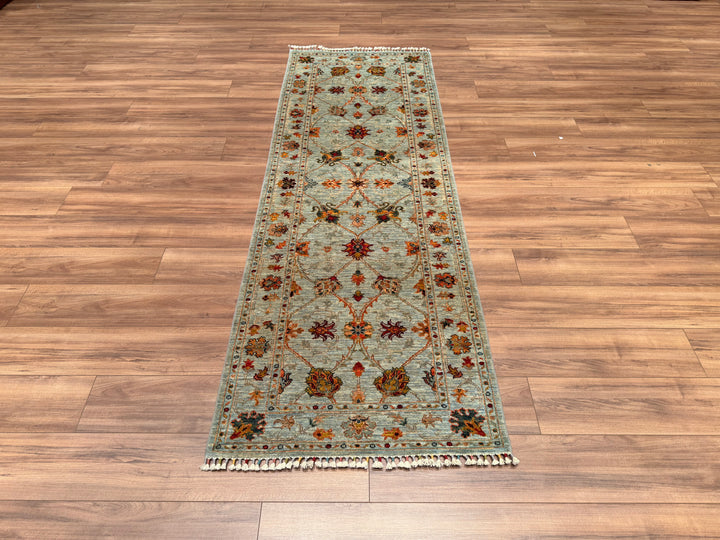 Sultani Binbirgece Runner Original Hand Woven Green Vegetable Dyed Wool Carpet 0.86x254 2.18 Square Meters - 2x8 ft