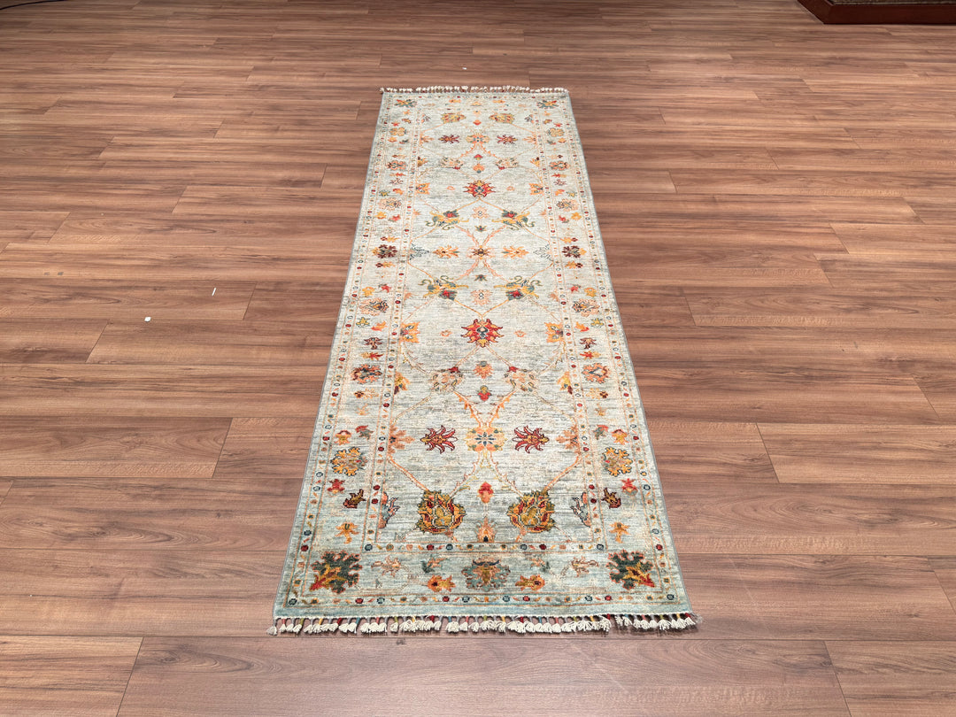 Sultani Binbirgece Runner Original Hand Woven Green Vegetable Dyed Wool Carpet 0.86x254 2.18 Square Meters - 2x8 ft