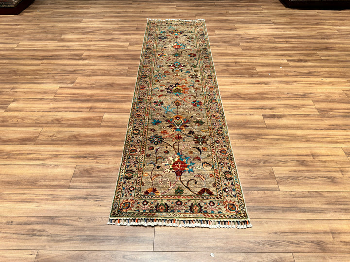 Sultani Floral Runner Original Hand Woven Beige Vegetable Dyed Wool Carpet 0.83x299 Square Meters - 2x10 ft