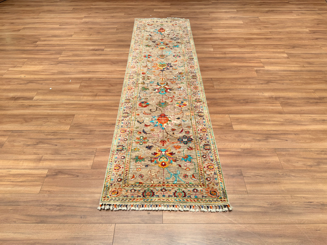 Sultani Floral Runner Original Hand Woven Beige Vegetable Dyed Wool Carpet 0.83x299 Square Meters - 2x10 ft