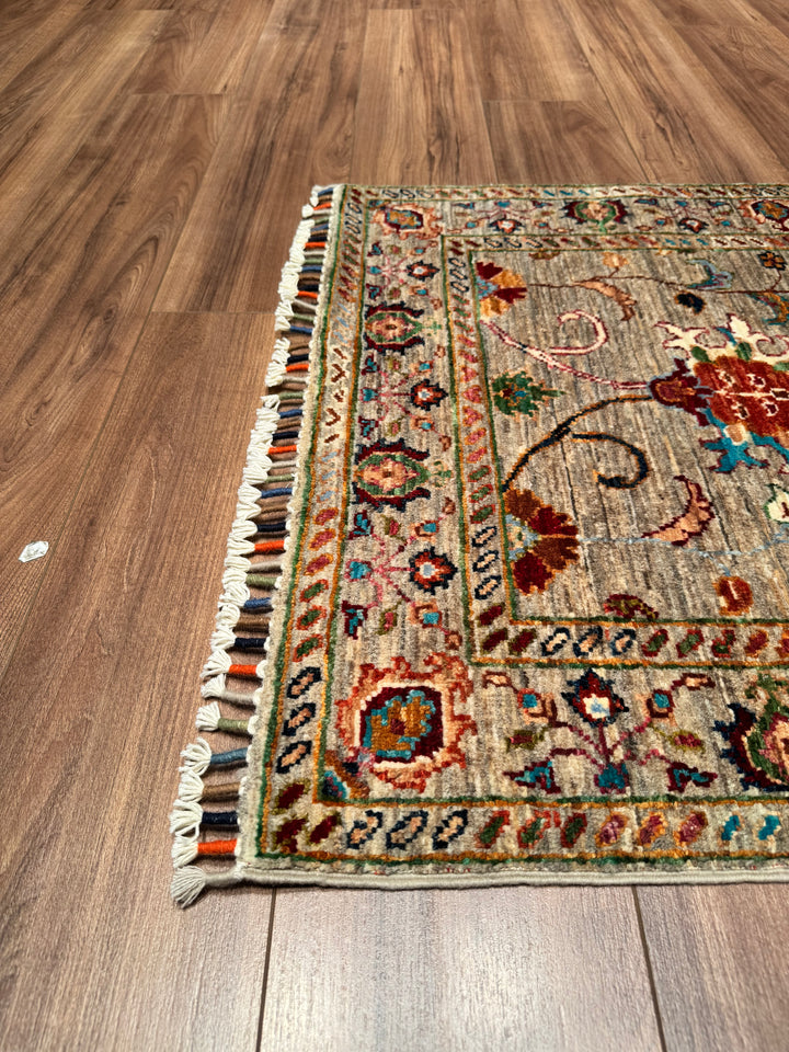 Sultani Floral Runner Original Hand Woven Beige Vegetable Dyed Wool Carpet 0.83x299 Square Meters - 2x10 ft