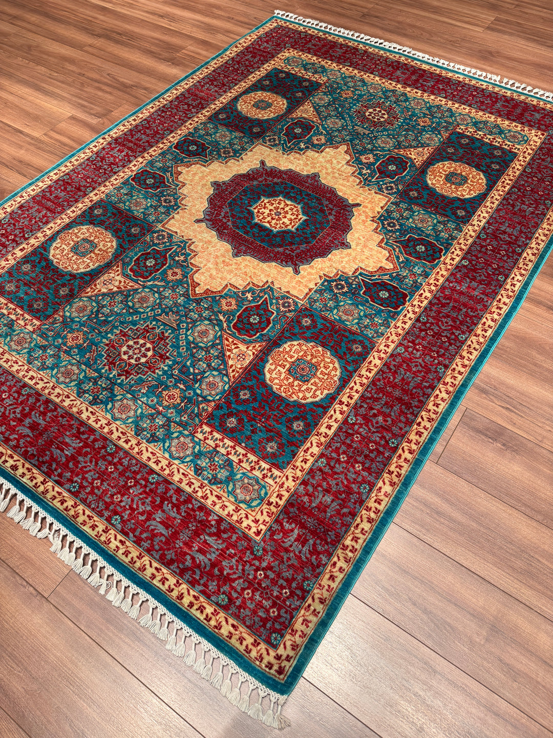 Memlük 50x50 Orijinal El Dokuması Turkuaz Kırmızı Kök Boya Yün Halı 170x236 4.01 Metrekare - 5x8 ft