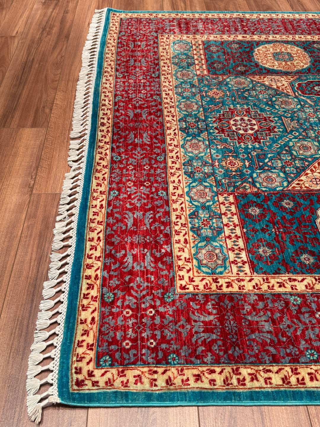 Memlük 50x50 Orijinal El Dokuması Turkuaz Kırmızı Kök Boya Yün Halı 170x236 4.01 Metrekare - 5x8 ft