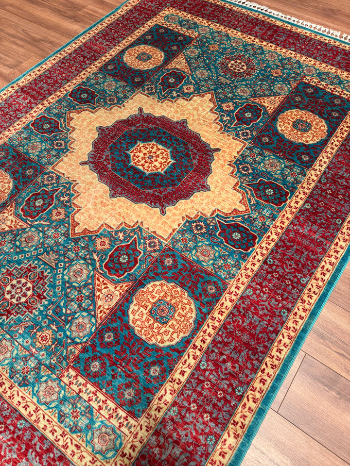 Memlük 50x50 Orijinal El Dokuması Turkuaz Kırmızı Kök Boya Yün Halı 170x236 4.01 Metrekare - 5x8 ft