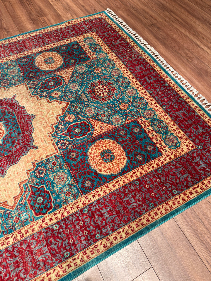 Memlük 50x50 Orijinal El Dokuması Turkuaz Kırmızı Kök Boya Yün Halı 170x236 4.01 Metrekare - 5x8 ft