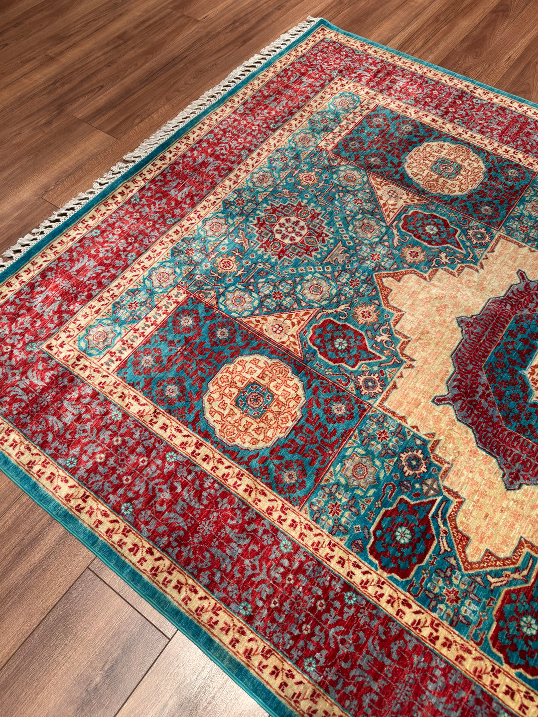 Memlük 50x50 Orijinal El Dokuması Turkuaz Kırmızı Kök Boya Yün Halı 170x236 4.01 Metrekare - 5x8 ft