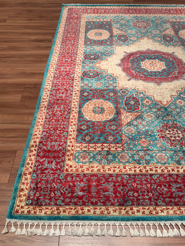 Memlük 50x50 Orijinal El Dokuması Turkuaz Kırmızı Kök Boya Yün Halı 170x236 4.01 Metrekare - 5x8 ft