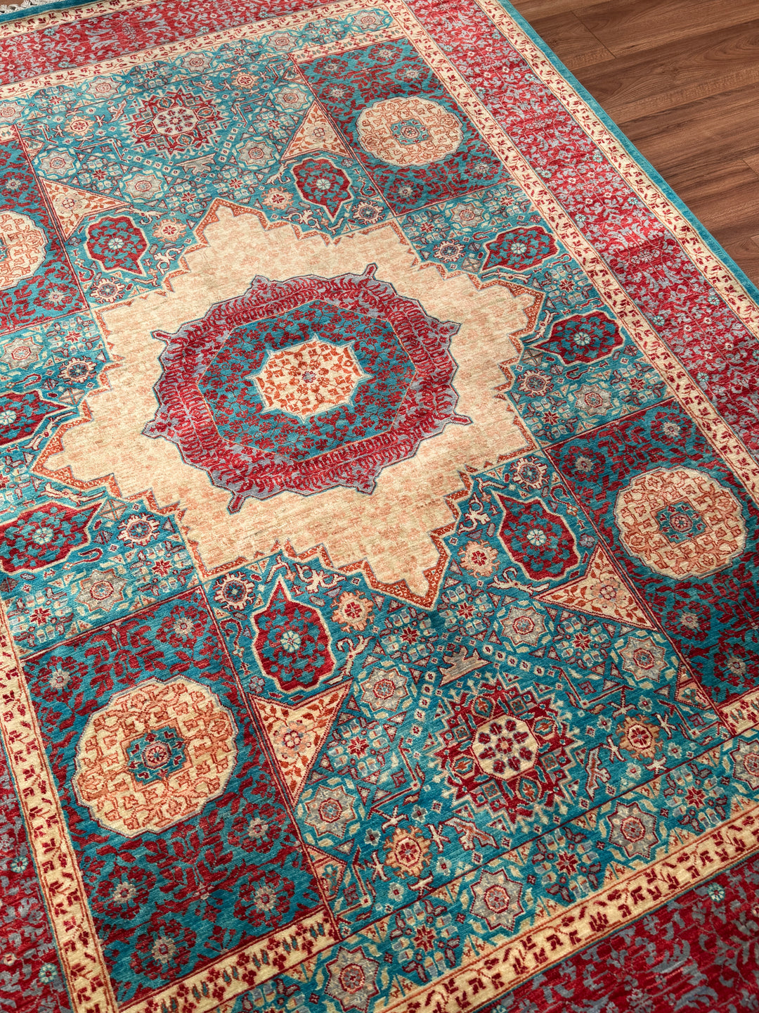 Memlük 50x50 Orijinal El Dokuması Turkuaz Kırmızı Kök Boya Yün Halı 170x236 4.01 Metrekare - 5x8 ft