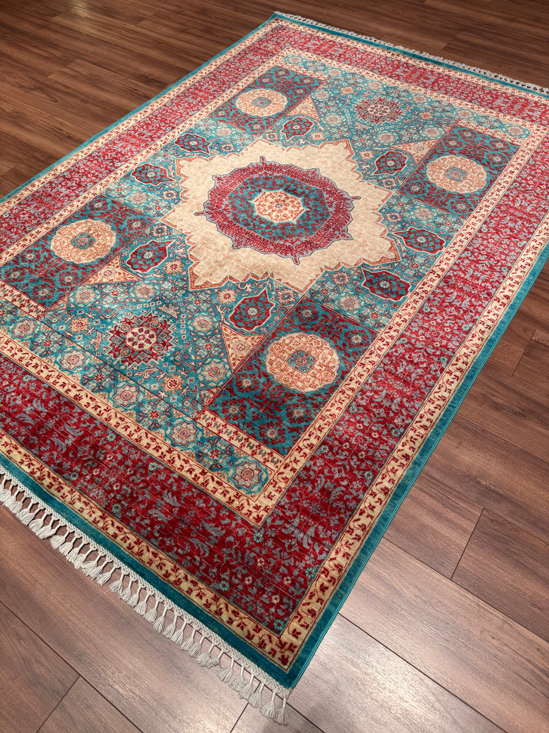 Memlük 50x50 Orijinal El Dokuması Turkuaz Kırmızı Kök Boya Yün Halı 170x236 4.01 Metrekare - 5x8 ft