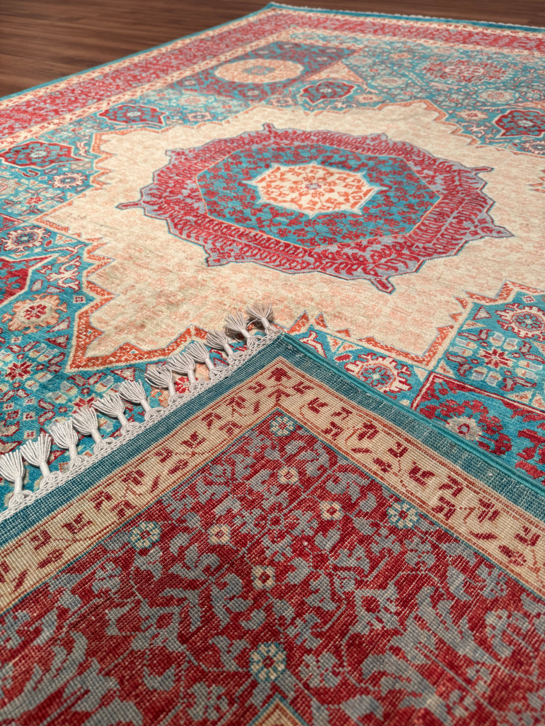 Memlük 50x50 Orijinal El Dokuması Turkuaz Kırmızı Kök Boya Yün Halı 170x236 4.01 Metrekare - 5x8 ft