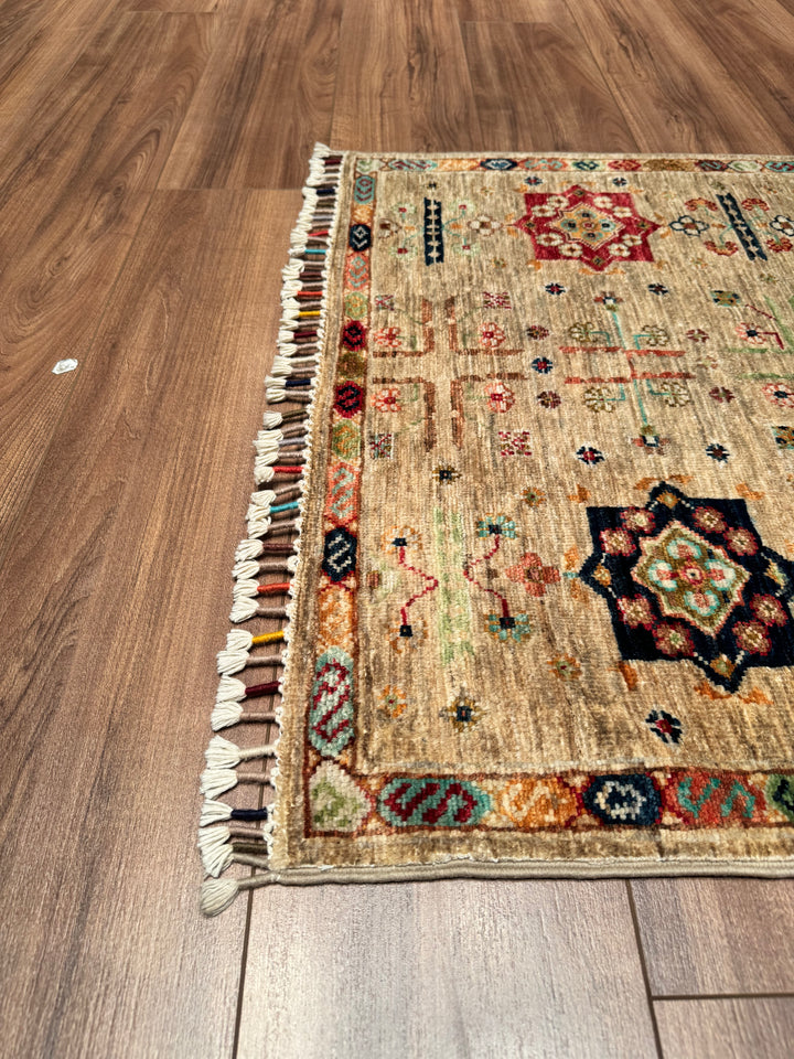 Veziri Bilcik Original Hand Woven Runner Beige Vegetable Dyed Wool Carpet 0.82x300 2.46 Square Meters - 2x10 ft