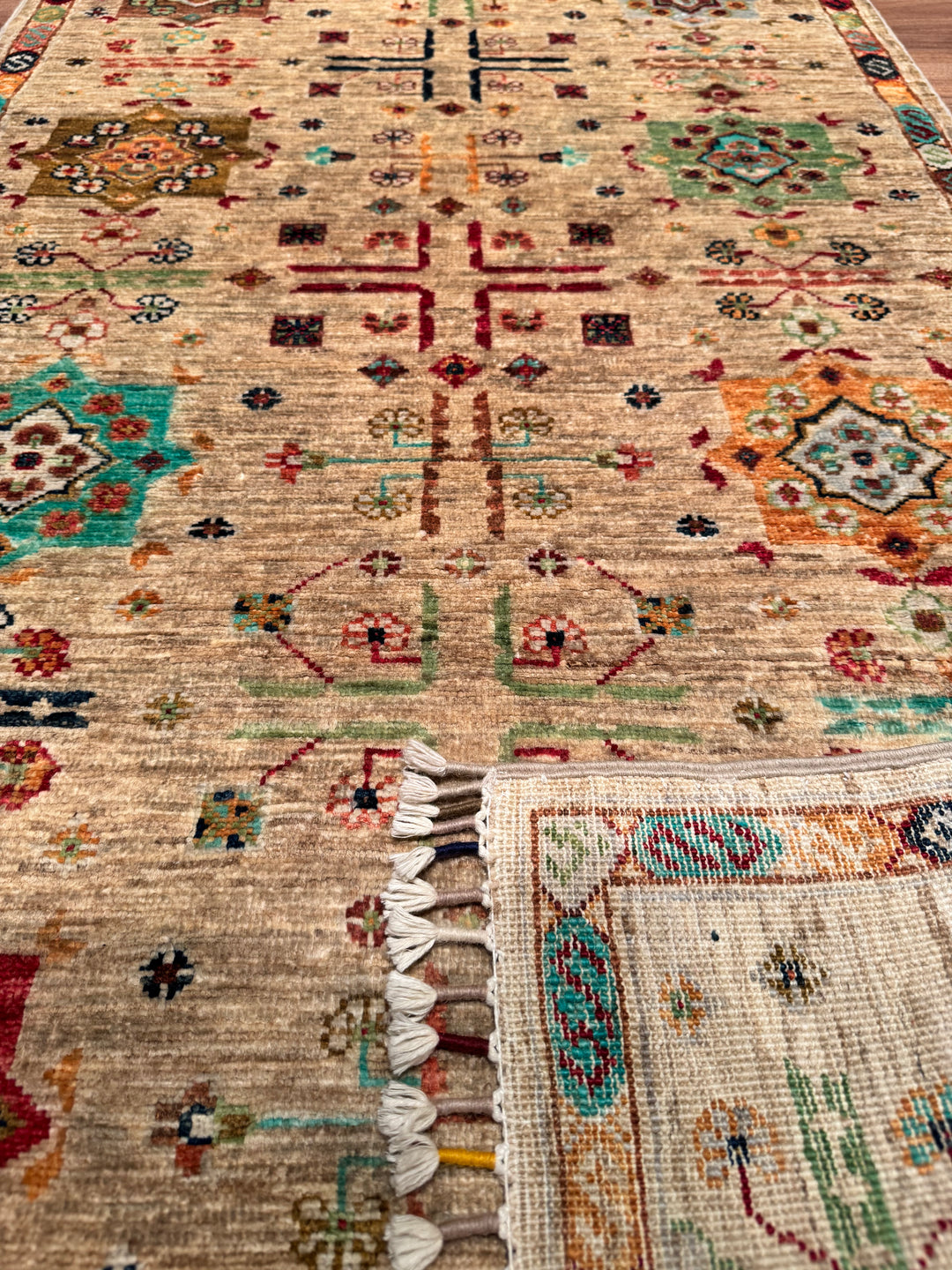 Veziri Bilcik Original Hand Woven Runner Beige Vegetable Dyed Wool Carpet 0.82x300 2.46 Square Meters - 2x10 ft