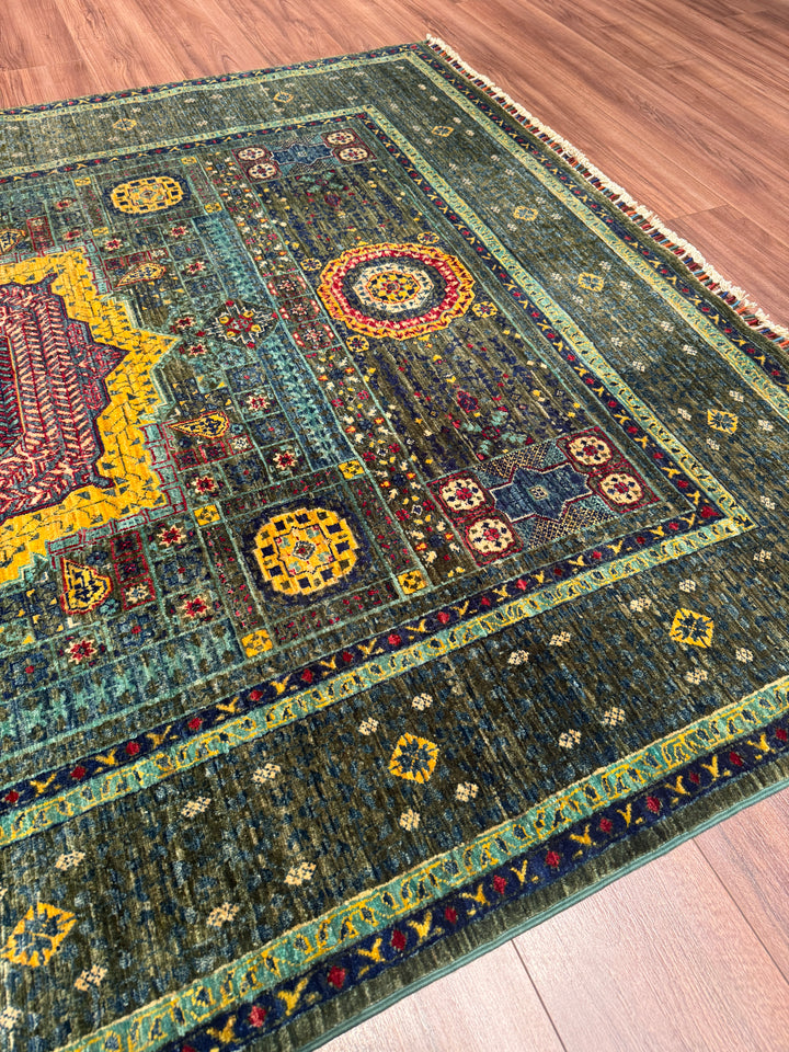 Memlük Orijinal El Dokuması Yeşil Kök Boya Yün Halı 179x240 4.30 Metrekare - 5x8 ft