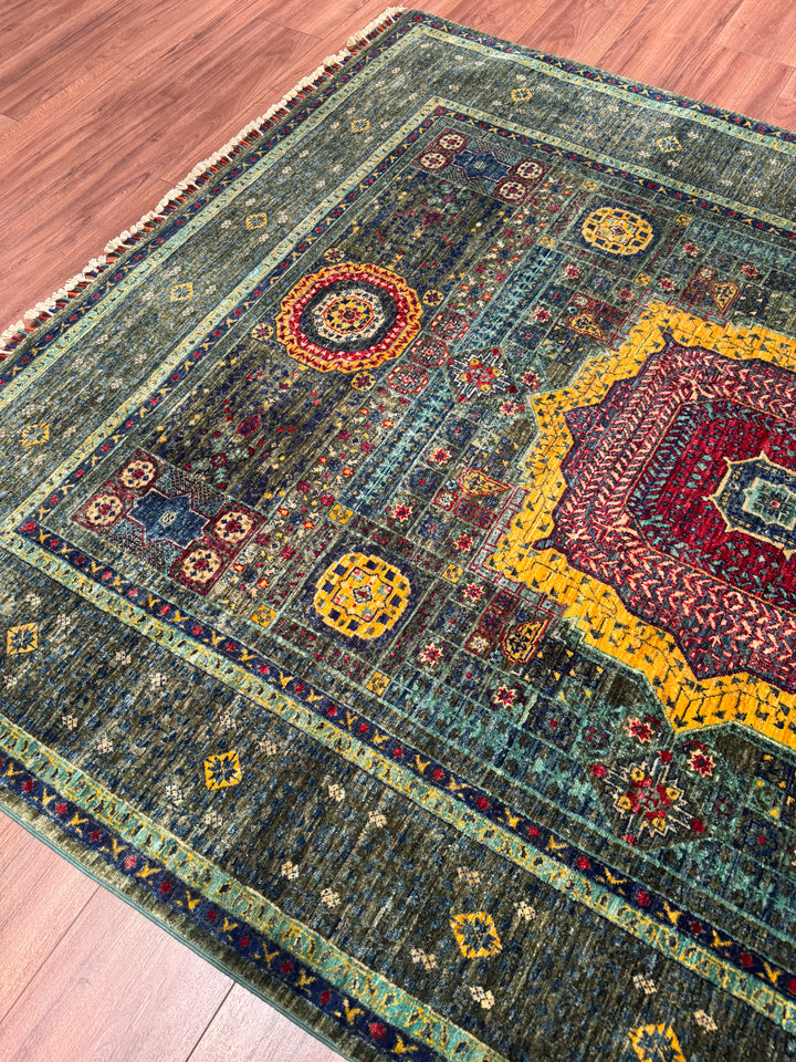 Memlük Orijinal El Dokuması Yeşil Kök Boya Yün Halı 179x240 4.30 Metrekare - 5x8 ft